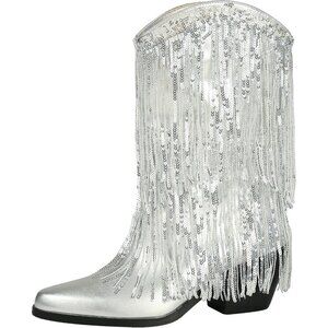 Women's Silver Leather Like Thick Heeled Tassels & Sequins Pointed Booties